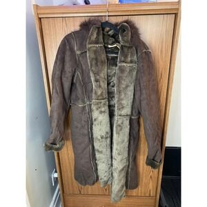 RuffHewn Faux‎ Suede Fur Trim Hooded Coat Womens Large Brown Afghan Parka